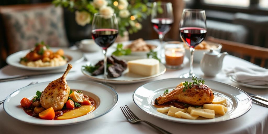 Elegant table set with French cuisine and wine.