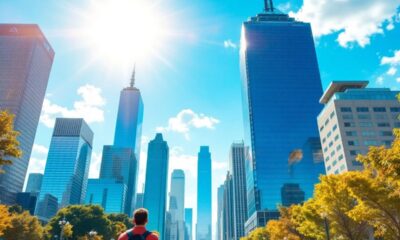 Bright city skyline with people, reflecting growth and optimism.