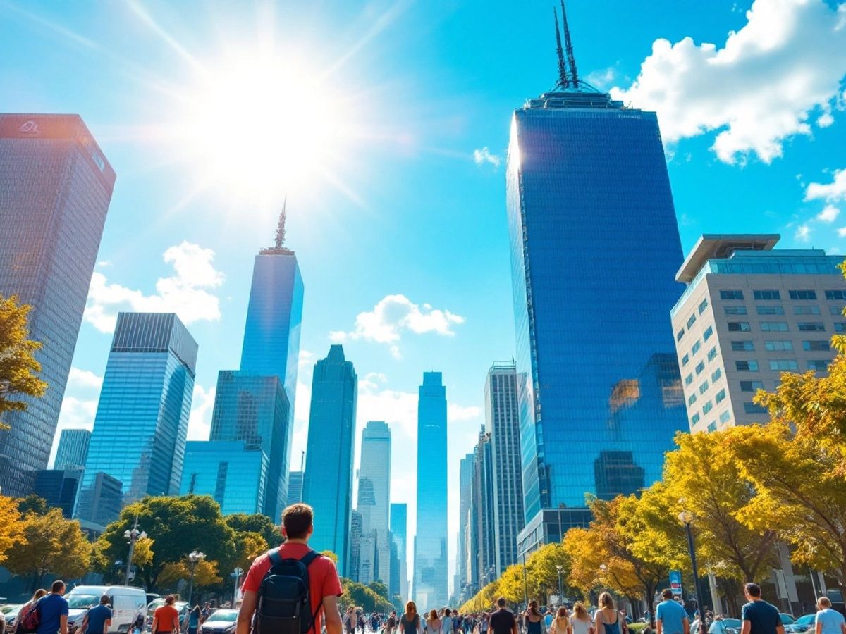 Bright city skyline with people, reflecting growth and optimism.