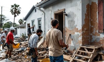 Construction workers repairing hurricane damage, showing diversity and teamwork.