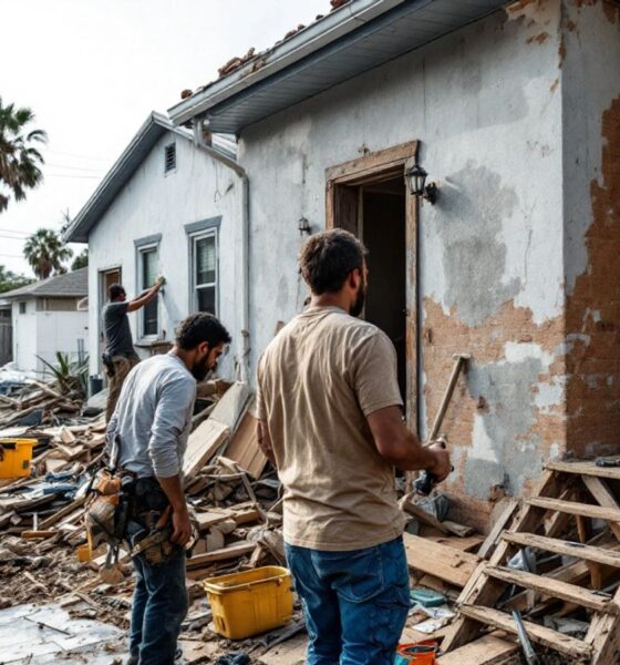 Construction workers repairing hurricane damage, showing diversity and teamwork.