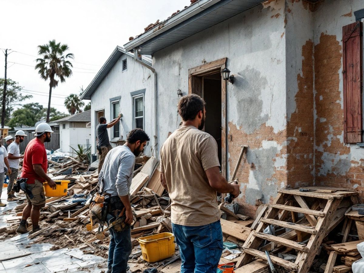 Construction workers repairing hurricane damage, showing diversity and teamwork.