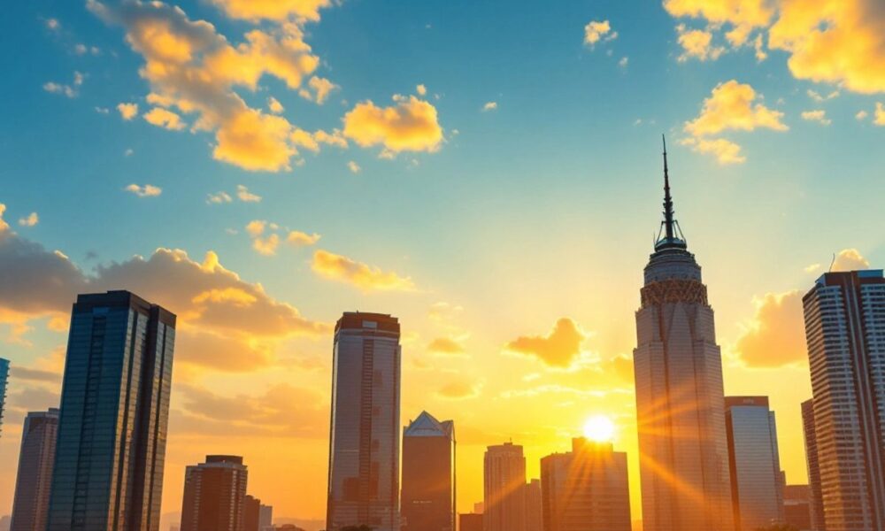 City skyline at sunset with golden hues.