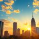 City skyline at sunset with golden hues.