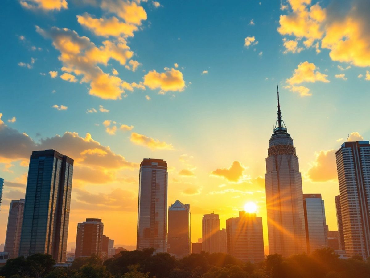 City skyline at sunset with golden hues.