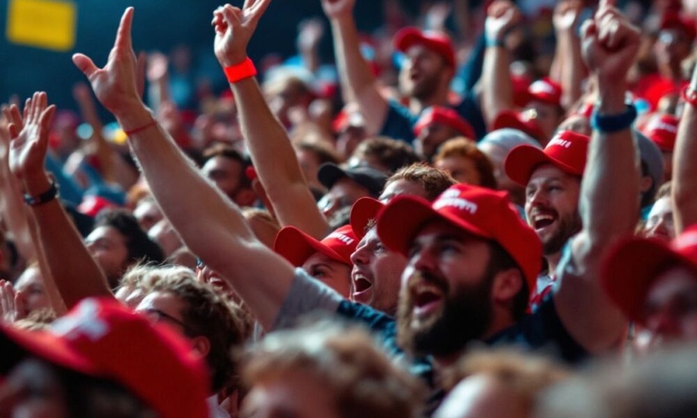 Crowd of supporters at a rally, showing excitement.