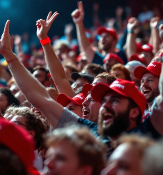 Crowd of supporters at a rally, showing excitement.