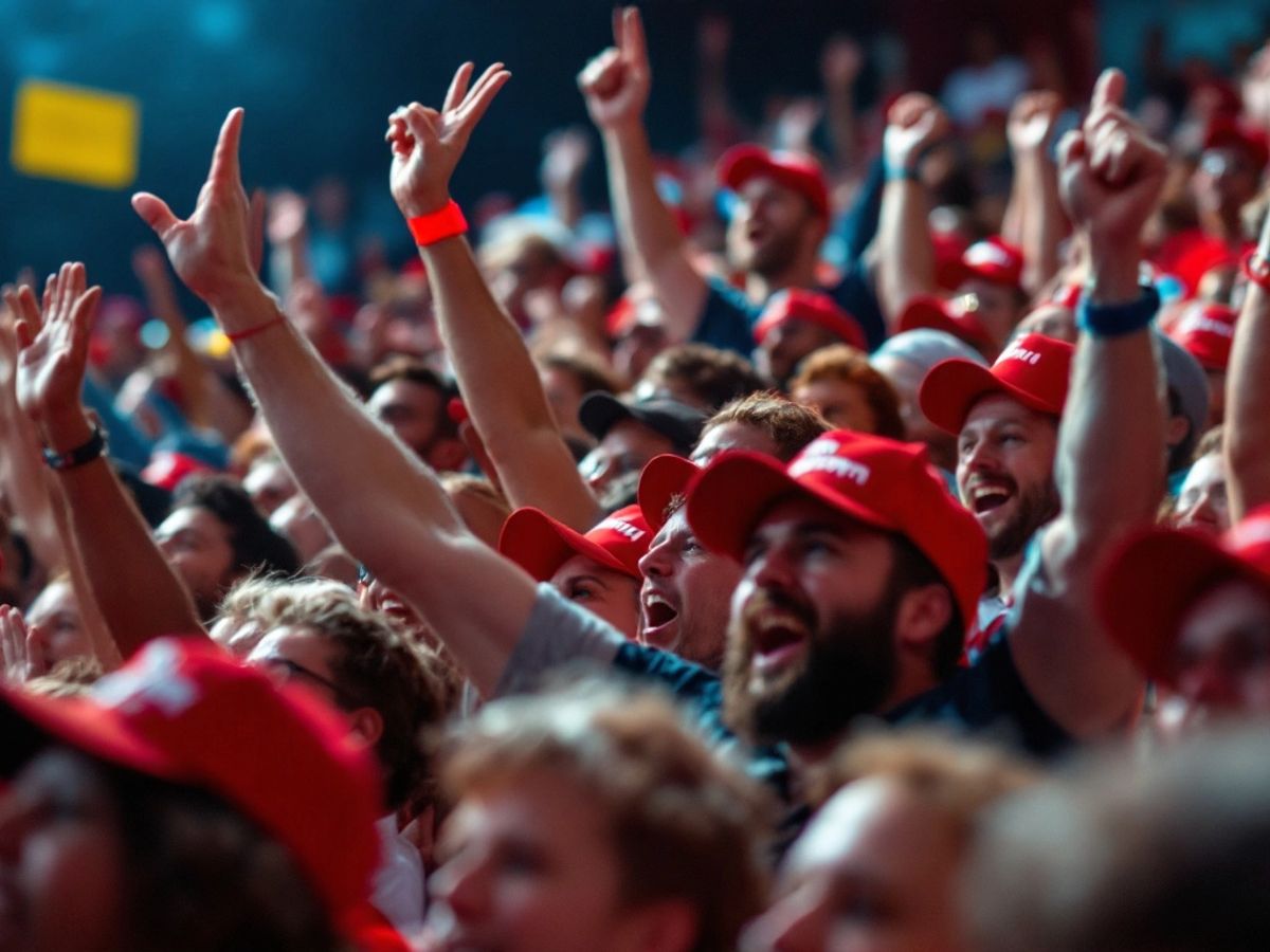 Crowd of supporters at a rally, showing excitement.