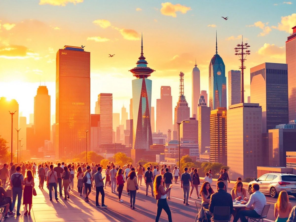 City skyline at sunset with people in discussion.