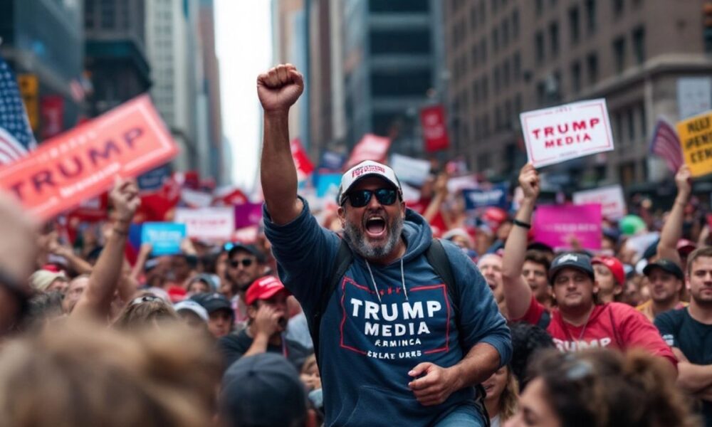 Crowd at NYC rally with flags and merchandise.