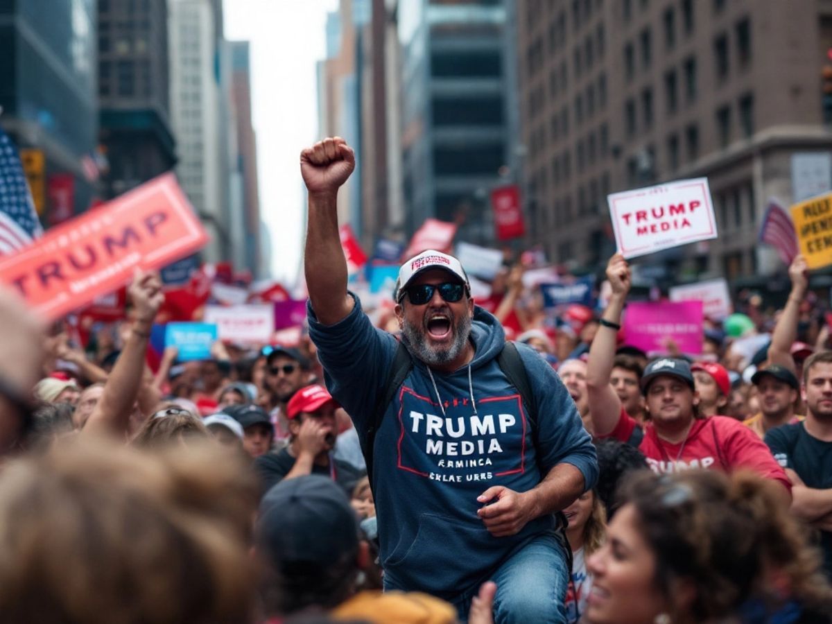 Crowd at NYC rally with flags and merchandise.