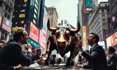 Wall Street traders in suits amidst market chaos.