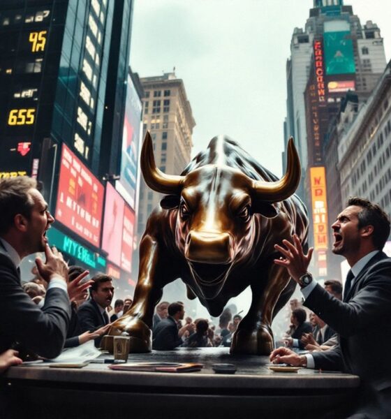 Wall Street traders in suits amidst market chaos.