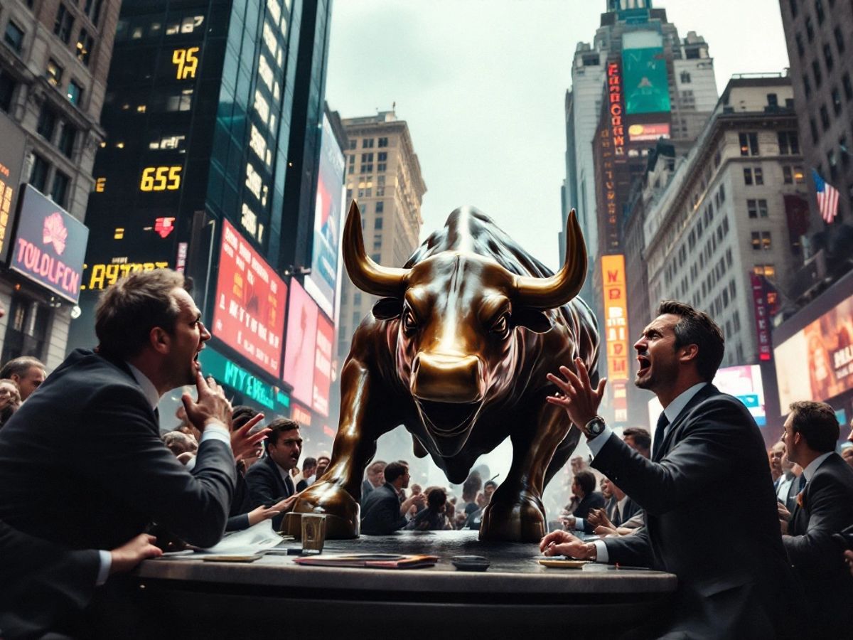 Wall Street traders in suits amidst market chaos.