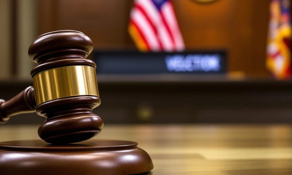 Courtroom with gavel and American flag, serious atmosphere.