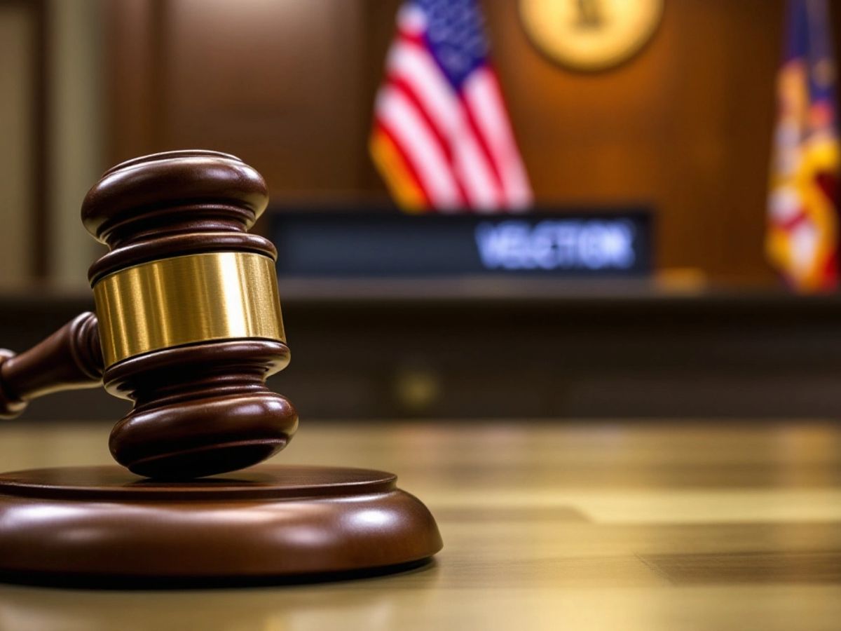 Courtroom with gavel and American flag, serious atmosphere.