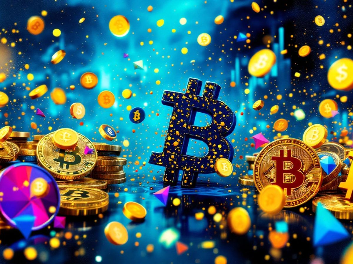 Colorful Bitcoin and memecoin digital collage.