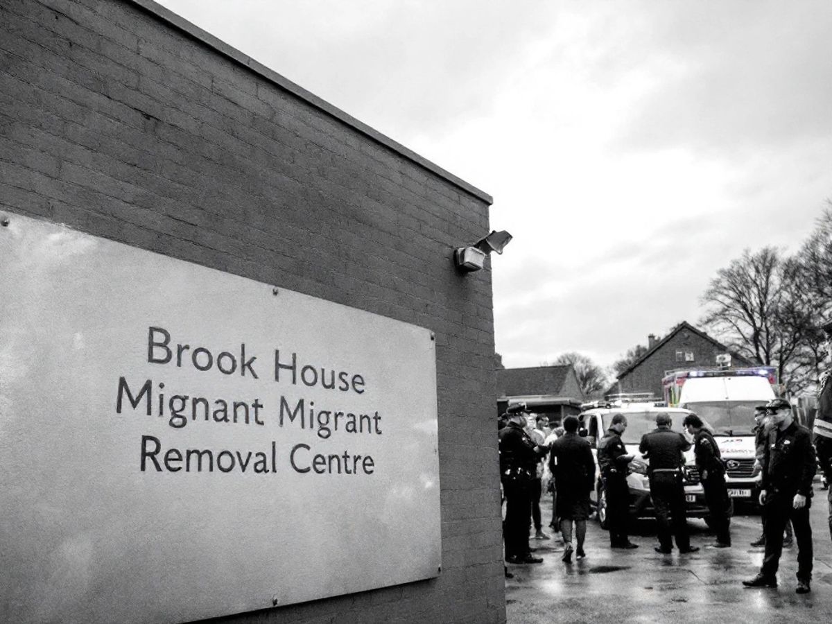 Police and emergency services outside migrant removal centre.