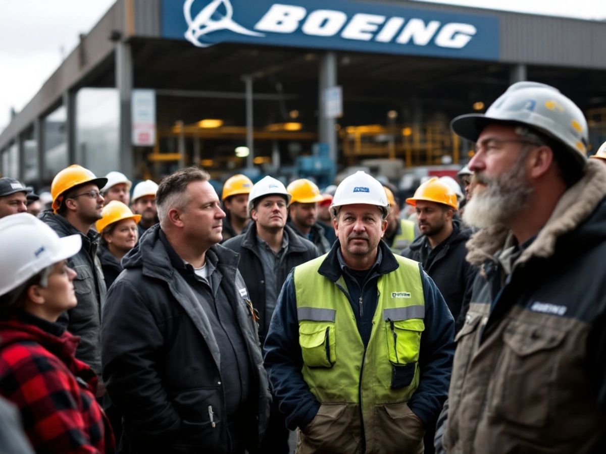 Boeing machinists united during a strike outside factory.