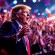 Donald Trump speaking at a rally with a cheering crowd.