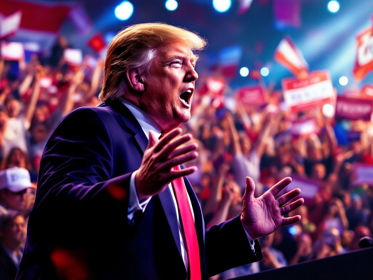 Donald Trump speaking at a rally with a cheering crowd.