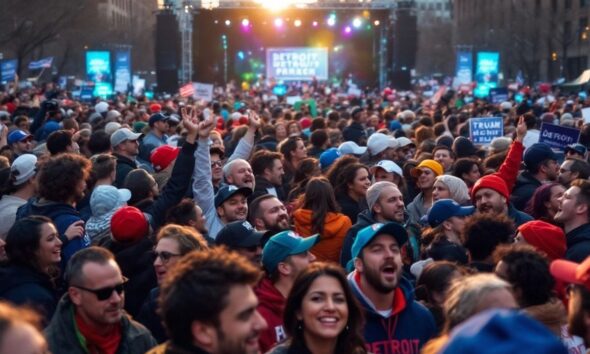 Crowd at Detroit rally with stage in background.