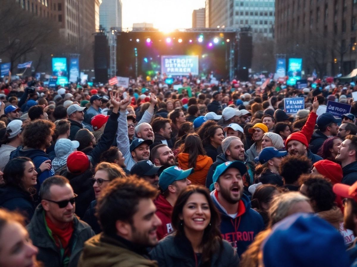 Crowd at Detroit rally with stage in background.