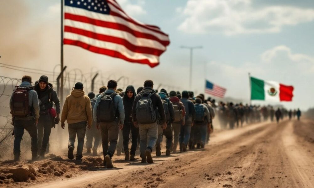 Migrants crossing a border with flags in background.