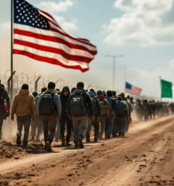 Migrants crossing a border with flags in background.