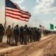 Migrants crossing a border with flags in background.