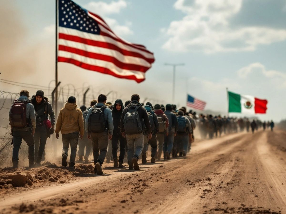 Migrants crossing a border with flags in background.