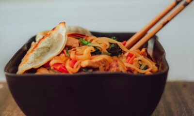 noddles on black bowl