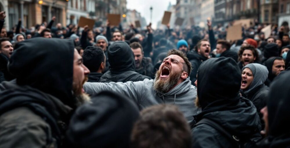 Protesters clashing in the streets during anti-immigration rally.