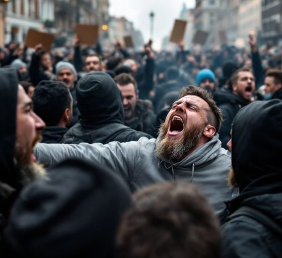 Protesters clashing in the streets during anti-immigration rally.