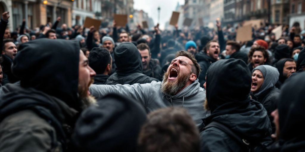 Protesters clashing in the streets during anti-immigration rally.