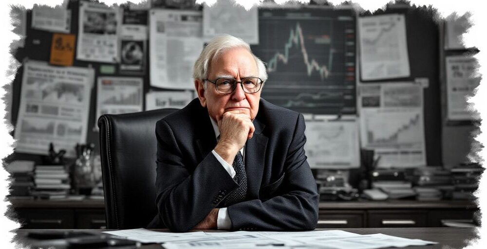 Warren Buffett contemplating stock market decisions.