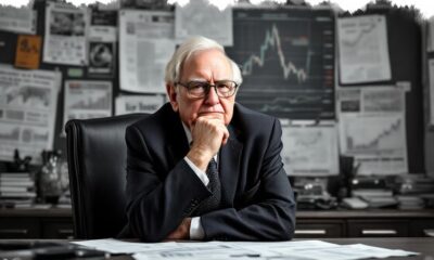 Warren Buffett contemplating stock market decisions.