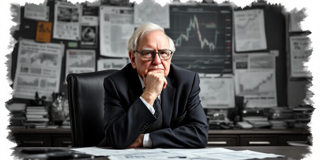 Warren Buffett contemplating stock market decisions.