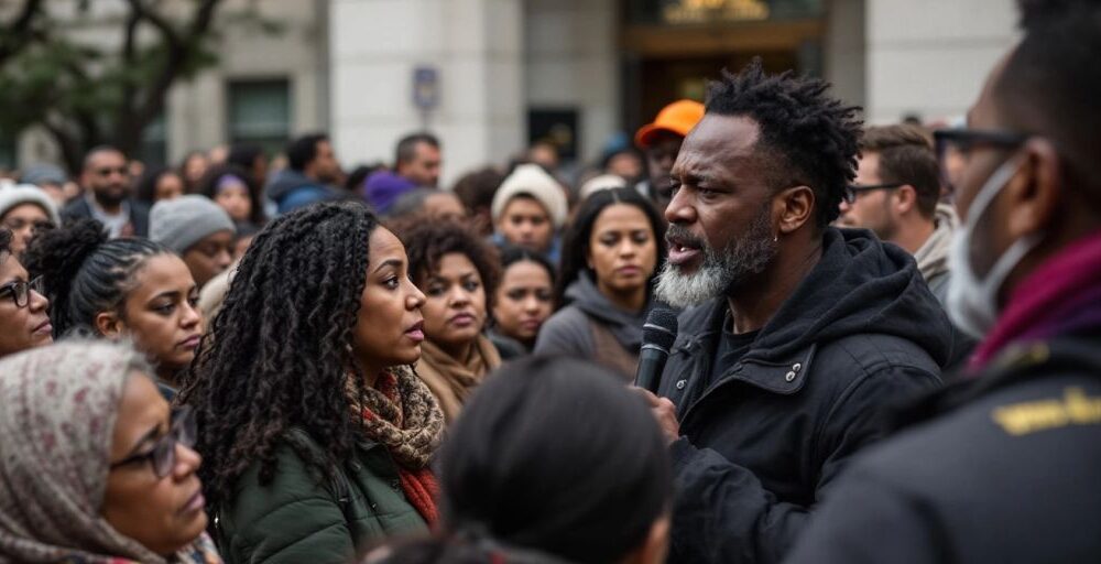 Diverse group discussing immigration outside a government building.