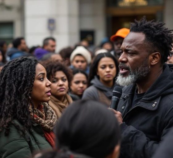 Diverse group discussing immigration outside a government building.