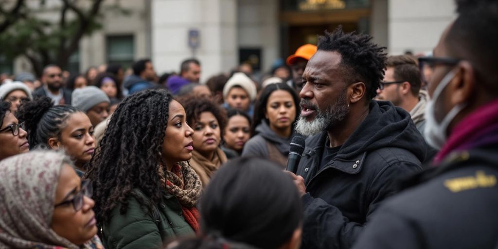 Diverse group discussing immigration outside a government building.