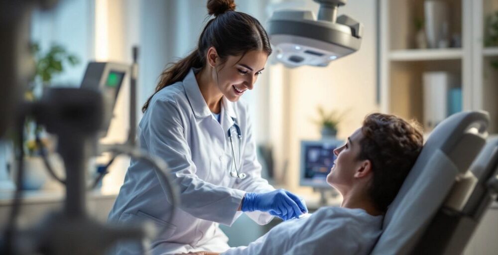 Healthcare professional assisting patient with advanced technology.