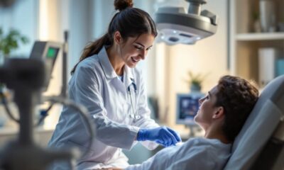 Healthcare professional assisting patient with advanced technology.