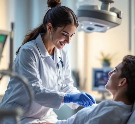 Healthcare professional assisting patient with advanced technology.