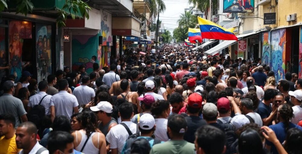 Crowded Miami street with Venezuelan flags and diverse people.