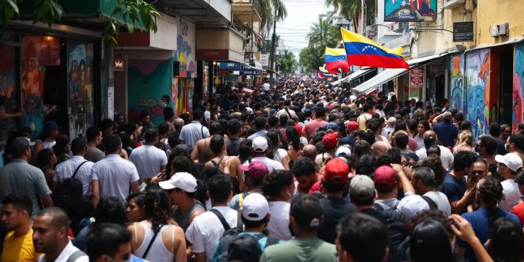 Crowded Miami street with Venezuelan flags and diverse people.