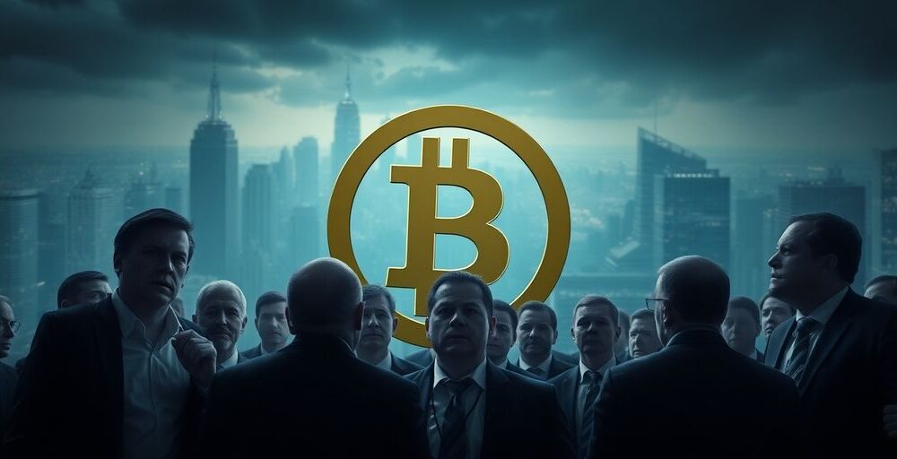 Bitcoin logo with anxious investors in a city setting.