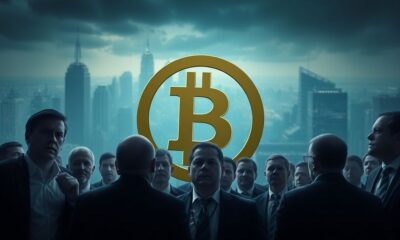 Bitcoin logo with anxious investors in a city setting.