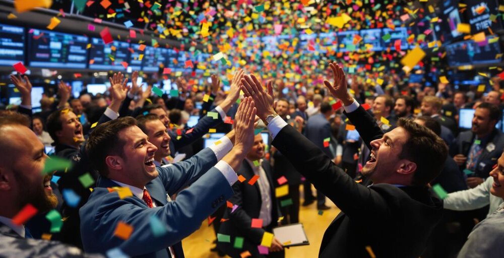 Traders celebrating on a busy stock exchange floor.