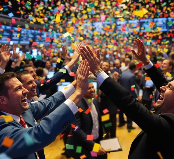 Traders celebrating on a busy stock exchange floor.